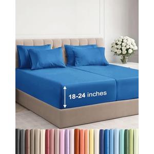 Extra Deep Split King Sheet Set - 7 Piece Breathable and Cooling Sheets - Hotel Luxury Bedding for Women, Men, Kids & Teens - Easy Secure Fit - Soft & Wrinkle Free - Extra Deep Pockets - Royal Blue