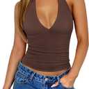 REORIA Womens Halter Tank Tops Double Lined Basic Cami Shirts Sexy Backless Y2K Trendy Going Out Tops, Chocolate X-Large