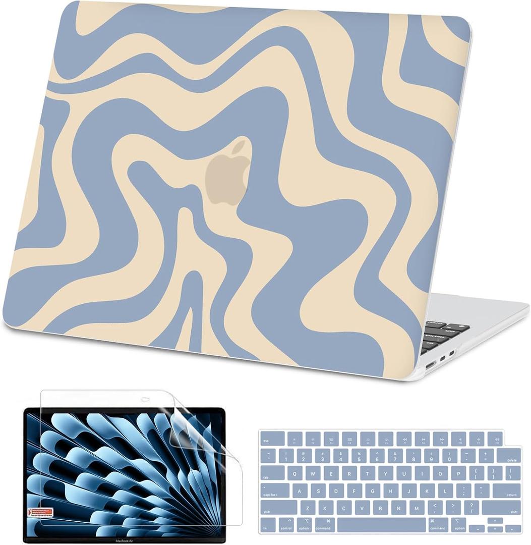 AKIT Compatible with MacBook Air 13 inch Case 2025 2024-2022 M4 M3 M2 A3240 A3113 A2681, Unique Pattern Hard Shell Laptop Case+Screen Protector+Keyboard Cover for MacBook Air 13.6 inch, Blue Wave