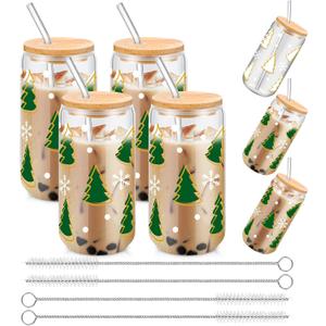 FillTouch 4 Pcs Christmas Color Changing Cup 16 oz Christmas Color Changing Glass Cup with Lids and Straws Cute Reusable Travel Tumbler Iced Coffee Mug for Xmas Party Gift