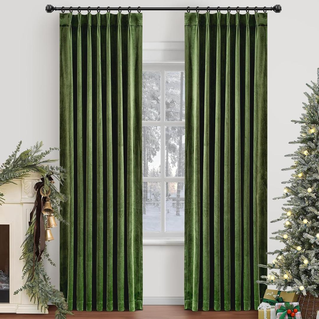 Velvet Pinch Pleated Blackout Curtains 96 Inch Length 2 Panels with Hooks, Luxury Curtains for Bedroom Living Room, Back Tab Soft Room Darkening Drapes, W40xL96, Moss Green
