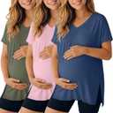 Ficerd 3 Pack Women's Maternity Shirts Short Sleeve Pregnancy T-Shirts V Neck Split Side Tops Casual Soft Maternity Clothes (Large, Army Green, Muted Pink, Hazy Blue)