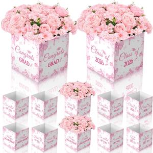 Qunclay 12 Pcs Graduation Box Table Centerpieces 7 Inch Pink Bow Paper Flower Boxes Table Decor Class of 2026 Congrats Grad Party Supplies for High School College Grad Celebration Prom Decoration