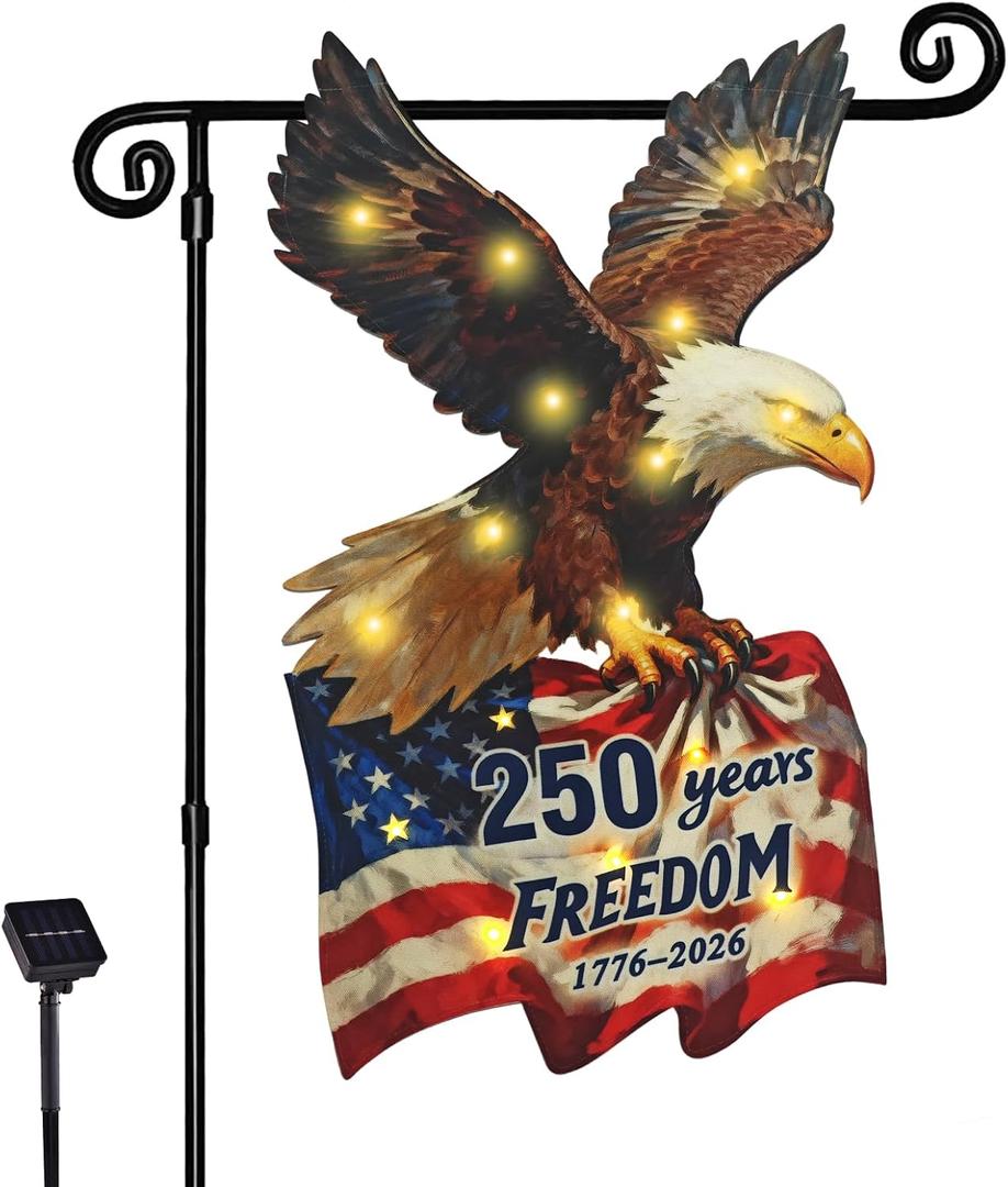 Lighted 250th Anniversary USA Garden Flag for Outside, Solar Led Double-sided Patriotic Banner with 1776-2026 250 Years of American Freedom Design for Independence Day, July 4th Decor (LED Eagle-Shaped, 12 x 18 Inch)