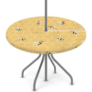 Cute Yellow Bee Outdoor Round Tablecloth with Umbrella Hole Honeycomb Bee Round Fitted Patio Table Cover with Elastic Edged Waterproof Wipeable Table Cloth Fit 45"-56" Round Tables for Patio Outdoor