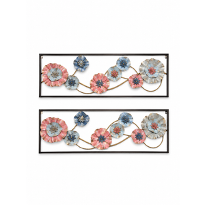 Wall Art for Living Room, Metal Framed Red & Blue Flowers, 36" x 12"