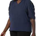 Amazon Essentials Women's Lightweight Georgette Half-Sleeve Ruffle Neck Woven Blouse (Navy)