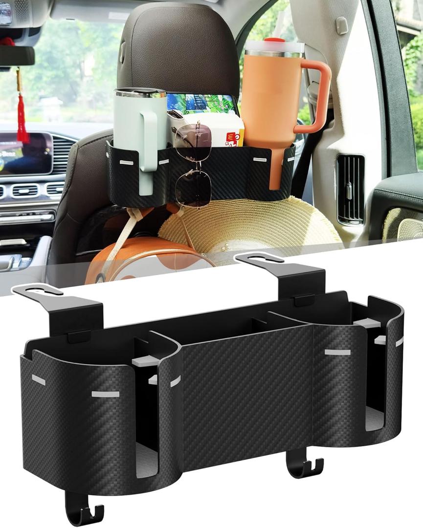 Car Headrest Backseat Cup Holder 3.7" with Organizer, High Capacity 4 in 1 Seat Back Organizer with Headrest Hooks, Multifunctional Storage for Car Travel Accessories Compatible with Most Vehicles (GREY+BLACK)