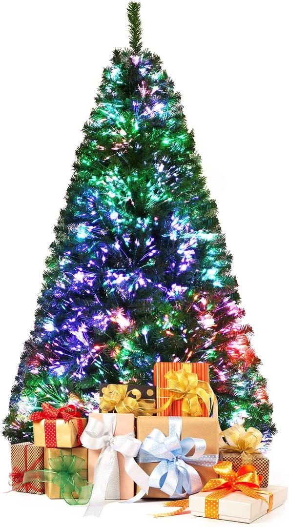 GOFLAME 6 Ft Pre-lit Artificial Christmas Tree, Premium Fiber Optic Christmas Tree, Holiday Spruce Xmas Tree with Solid Metal Stand, Party Decoration w/ 617 Branch Tips for Indoor Decoration (Green)