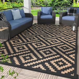 GENIMO Outdoor Rugs 8x10 Waterproof, Reversible Mats, Area Plastic Straw Rug, Outside Carpet, Geometric Rv Mat for Patio Camping Rv Picnic Backyard Deck Balcony Porch Beach Trailer (Black & Brown) (8'x10')