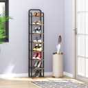 Vertical Shoe Rack, Shoe Shelves with 2 Hooks, Wood Shoe Organizer for Entryway, Shoe Tower for Small Spaces, Free Standing (Rustic Brown, 8 Tier)