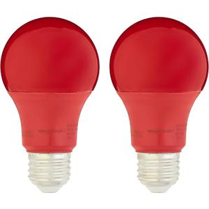 Amazon Basics A19 Red Color Party LED Light Bulbs, 60W Equivalent, 9W Energy Efficient, E26 Standard Base, Non-Dimmable, 10,000 Hour Lifetime, 2-Pack