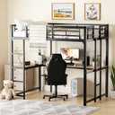 Full Size Loft Bed with Desk and Shelves, Metal Loft Bed with Ladder and Guardrails, Loft Bed Frame for Bedroom, Black