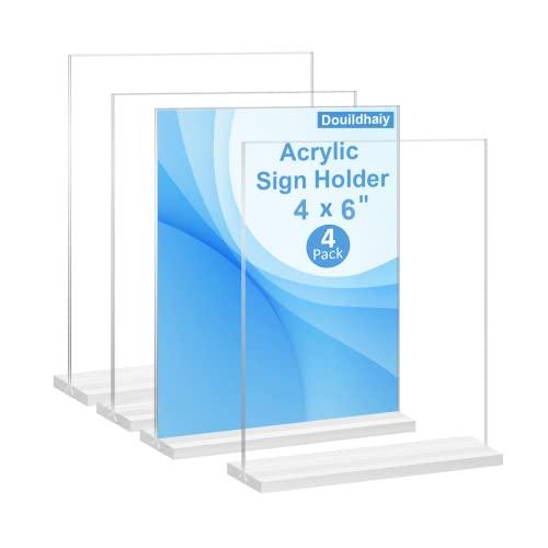 Douildhaiy 4 Pack 4 x 6 Acrylic Double Side Sign Holder ,T Shape Plastic Menu Display Stand,Table Card Display Paper Stand for Restaurants ,Office ,Photo Frames ,Store - Vertical