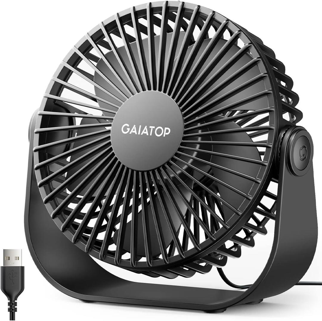Gaiatop USB Desk Fan, 3 Speeds Strong Airflow, 5.5 Inch Portable 90 Rotate Quiet Cooling, Small Personal Table Fans for Bedroom Home Office Travel Black