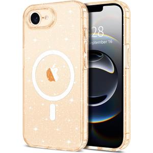 2 x Hython for iPhone 16e Case Glitter, Clear Glitter Sparkly Shiny Bling Sparkle Cute Cover, Anti-Scratch Soft TPU Thin Slim Fit Shockproof Protective Phone Cases for Women Girls, Magnetic Rose Gold