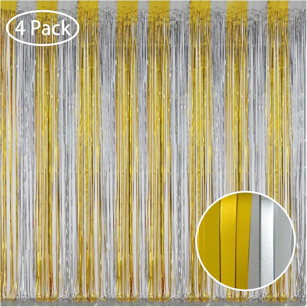 Melsan Gold and Silver Tinsel Curtains - 3.2ft X 8ft Foil Fringe Curtain Photo Backdrop for New Year Eve, Anniversary, Graduation, Birthday Party Backdrop - 4 Packs