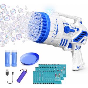 Bubble Gun for Kids, 69-Hole Bubble Machine with LED Lights, 69 Hole Bubble Blaster Blower, for Ages 3+, Summer, Birthday, Party Wedding Outdoor (Blue)