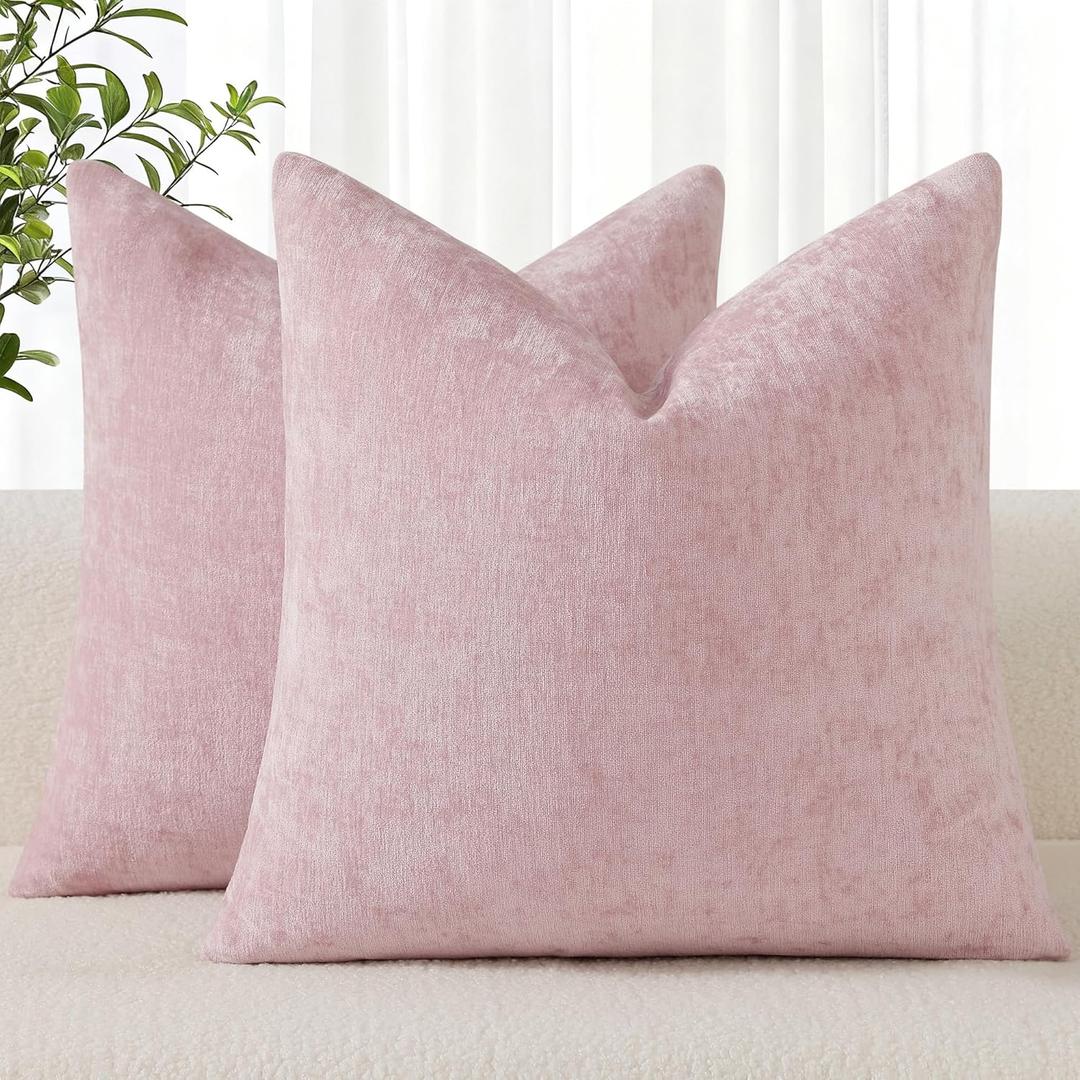 decorUhome Chenille Blush Pink Spring Valentines Day Throw Pillow Covers 18x18 Inch Set of 2, Decorative Soft Couch Pillow Covers Solid Dyed Accent Farmhouse Neutral Square Pillow Cases for Sofa