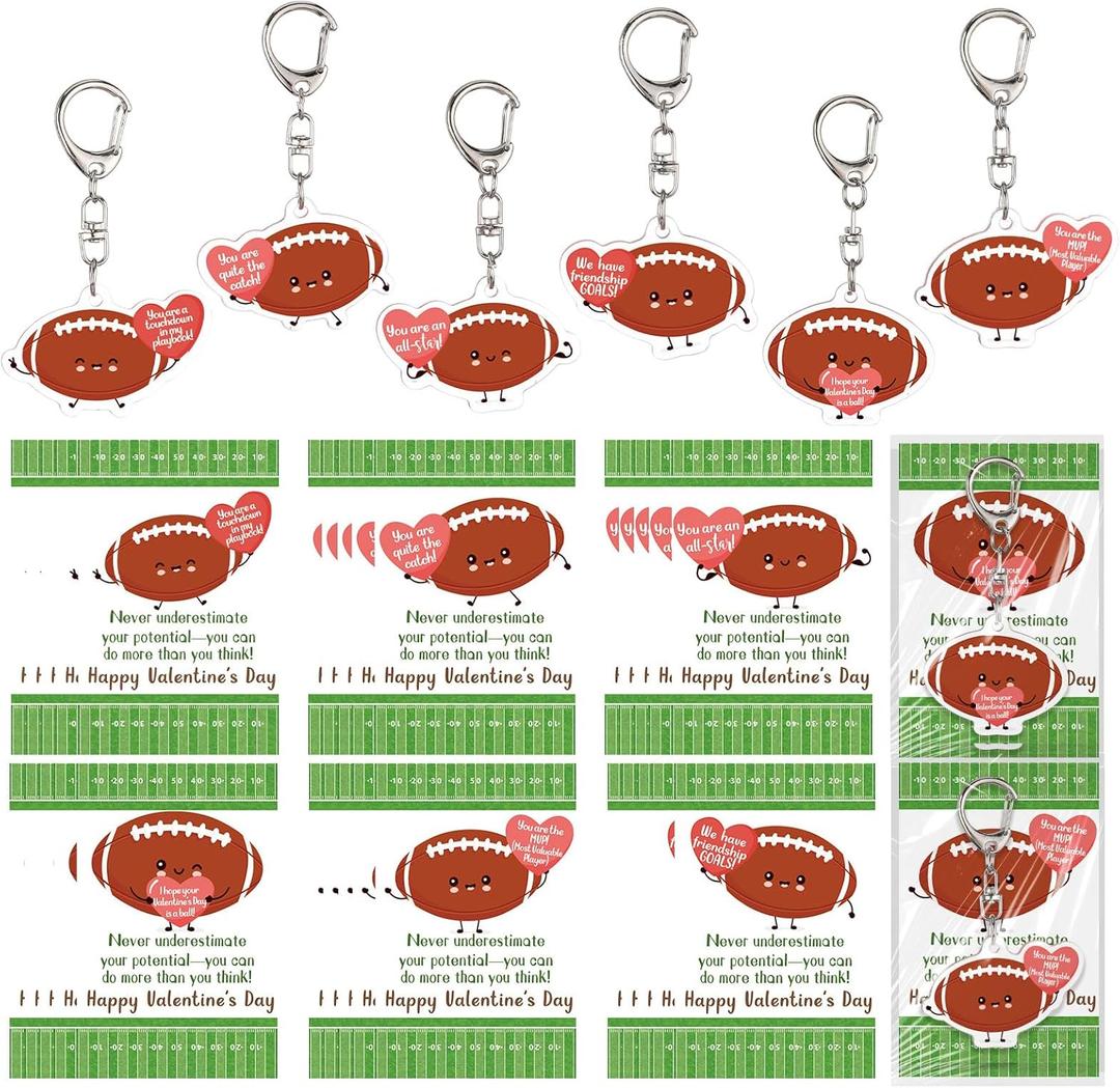 2 x 24 Sets Sport Valentines Gifts Bulk Basketball Soccer Baseball Volleyball Football Valentines Exchange Cards and Keychains (Football)