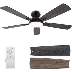52 Inch Ceiling Fans with Lights, Indoor Flush Mount Ceiling Fan with Remote Control, 6 Speeds DC Reversible Motor, Timing, LED Dimmable, Modern Ceiling Fan for Bedroom Living Room