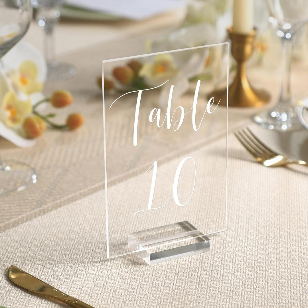 UNIQOOO Acrylic Wedding Table Numbers 1-10 with Stands | 4x6 inch Printed Calligraphy, Clear Table Number Signs and Holders | Perfect for Wedding Reception, Centerpiece Decoration, Event, Party