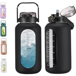 Chunmo 74 oz Glass Water Bolttles with Straw Large Motivational Water Bottle with Time Marker Sports Water Bottles with Silicone Sleeve and Handle Lid 2.2L Water Jug for Gym Workout (Black)