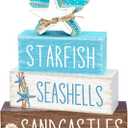 Yuntau 4 Pcs Beach Summer Table Decor Starfish Seashell Coastal Wooden Block Sign Ocean Tiered Tray Decor Farmhouse Table Centerpieces Rustic Nautical Decorations for Home Office Desk Shelf Mantel