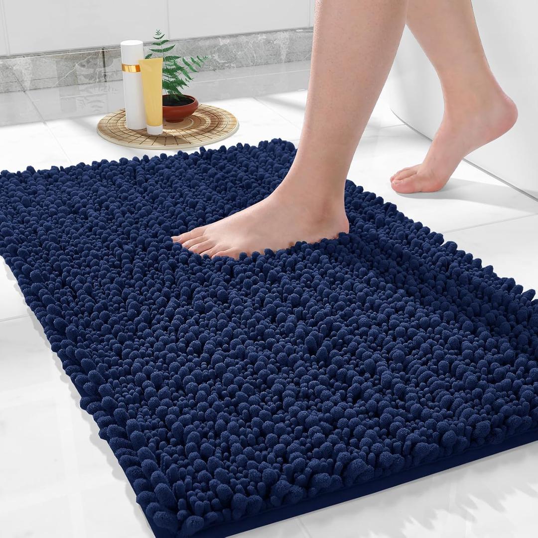Yimobra Bath Rug Mat, 32" x 20", Soft Shaggy Non-Slip Chenille Bathroom Rugs, Large Size, Super Absorbent and Thick, Machine Washable Bathroom mat, Tub and Shower, Home Decor Accessories, Navy Blue