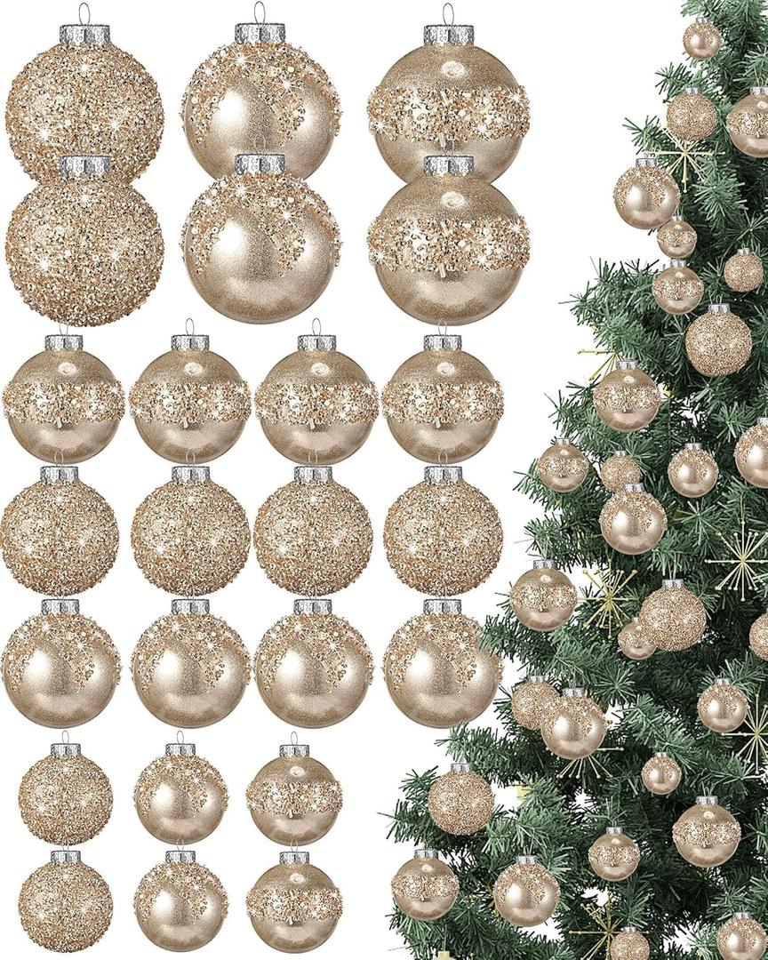 Civaner 24 Pcs Glitter Christmas Ball Ornaments Set 3.2'' 2.4'' 1.6'' Christmas Tree Ornaments Hanging Sequin Shatterproof Balls for Xmas Tree Wreath Garland Xmas Home Decor(Champagne Gold)