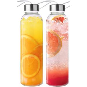 Duocesica 2 Packs Glass Water Bottles with Lid Clear Juice Bottles Reusable Bottle with Stainless Steel Cap Glass Cups Liquid Storage Containers for Juicing Beverage Refrigerator Travel-18oz