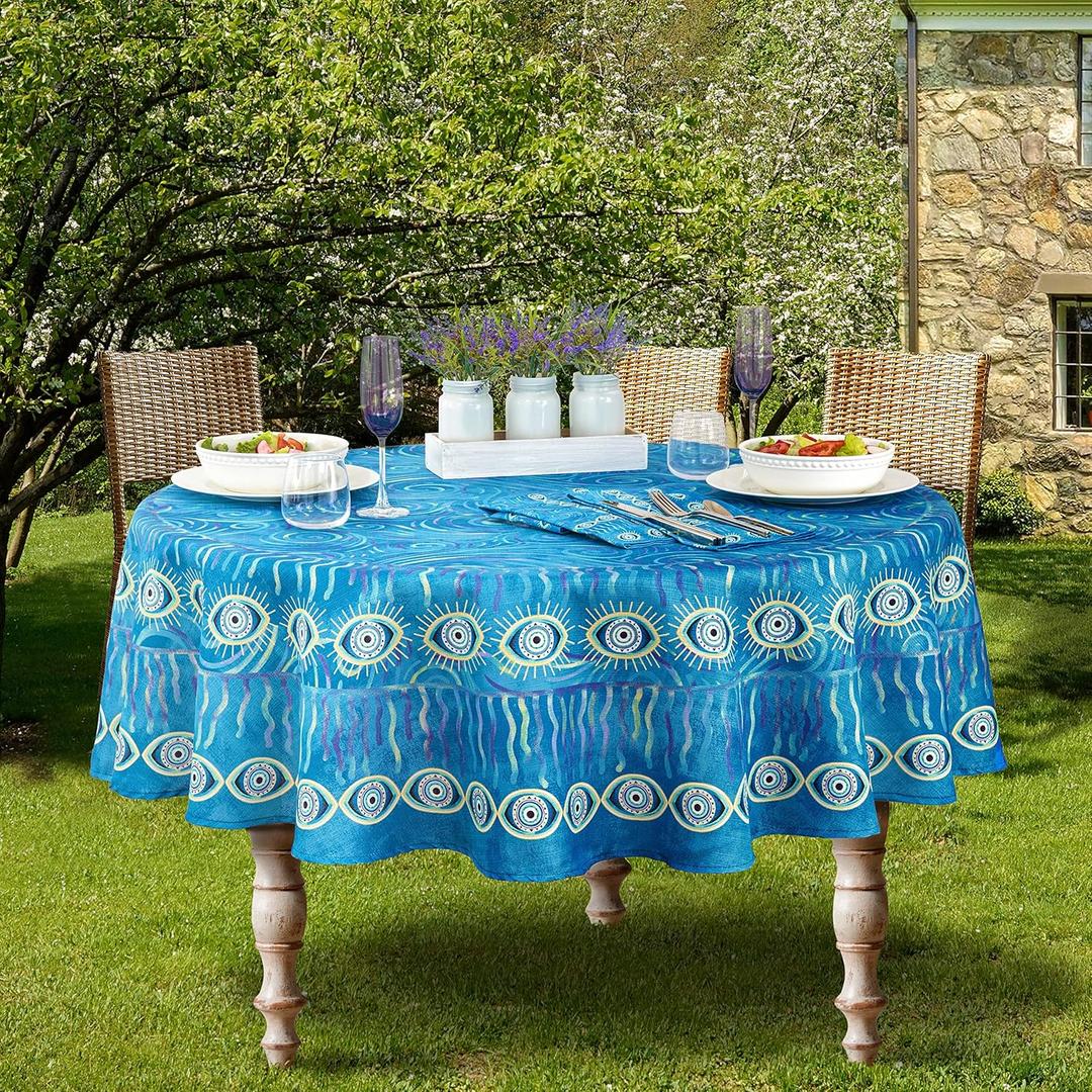 Home Bargains Plus Blue Evil Eye Round Fabric Tablecloth, 70 Inch, Wrinkle, Water and Stain Resistant French Mediterranean Table Cover for Holiday Party Dining