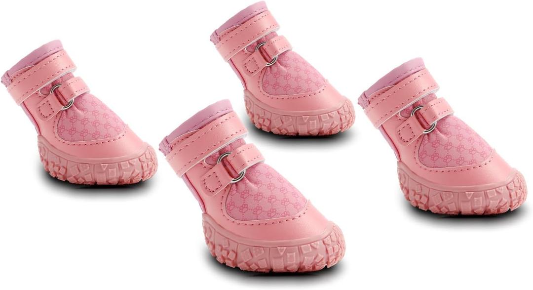 Dog Shoes forDogs, Double Binding Straps Puppy Boots & Paw Protectors for Summer Hot Pavement, Winter Snow, Dog Booties with Anti-Slip Rubber Soles for Beach Hardwood Floor Pink, Size 2