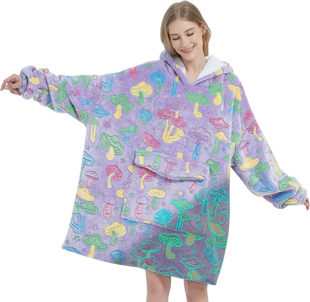 Fiosnow Glow in the Dark Mushroom Blanket Hoodies for Women and Men Adult Oversize Wearable Blanket Hoodies for Soft and Warm