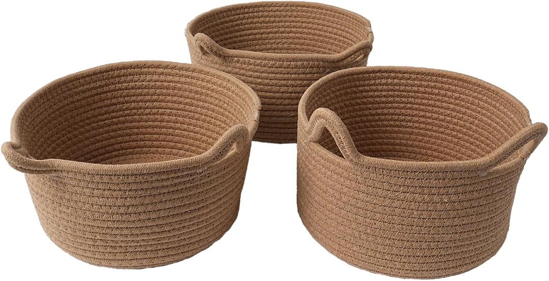 3 Pack Small Woven Cotton Rope Baskets,Cute Decor Gift Storage Baskets For Organizing,Baby Nursery Empty Bins With Handles,Burr Basket For Montessori,Dog,Cat,Bathroom,Kids Toy Box For Shelves