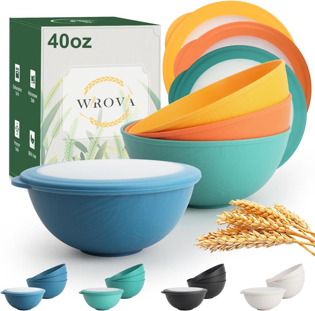 Wrova 40oz wheat straw bowls with lids set of 4,cereal bowls with covers anti-leaking,unbreakable salad container for lunch, dishwasher safe bowl sets for kitchen. Vibrant Series