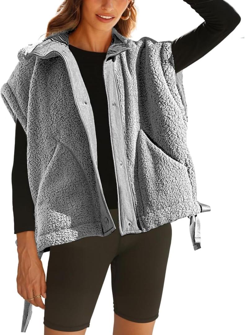 Sherpa Vest Women Oversized Sleeveless Fleece Fuzzy Jacket Winter Zip Up Gilet Outerwear with Pockets (Gray, L)