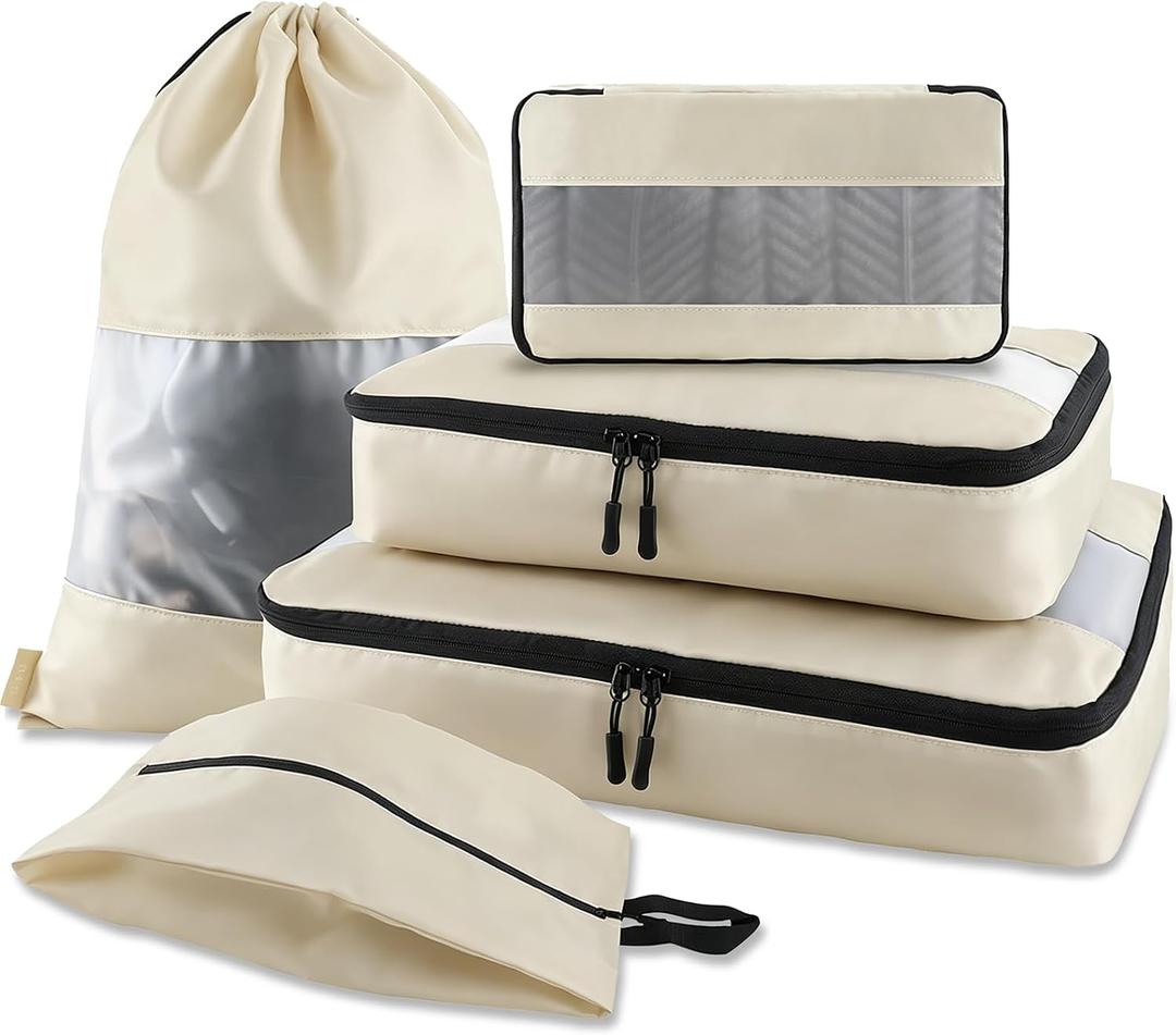 U+U 5 Set Packing Cubes, Travel Organizers with Shoe Bag (Cream) | Ultralight Design & Easy Travel Organization