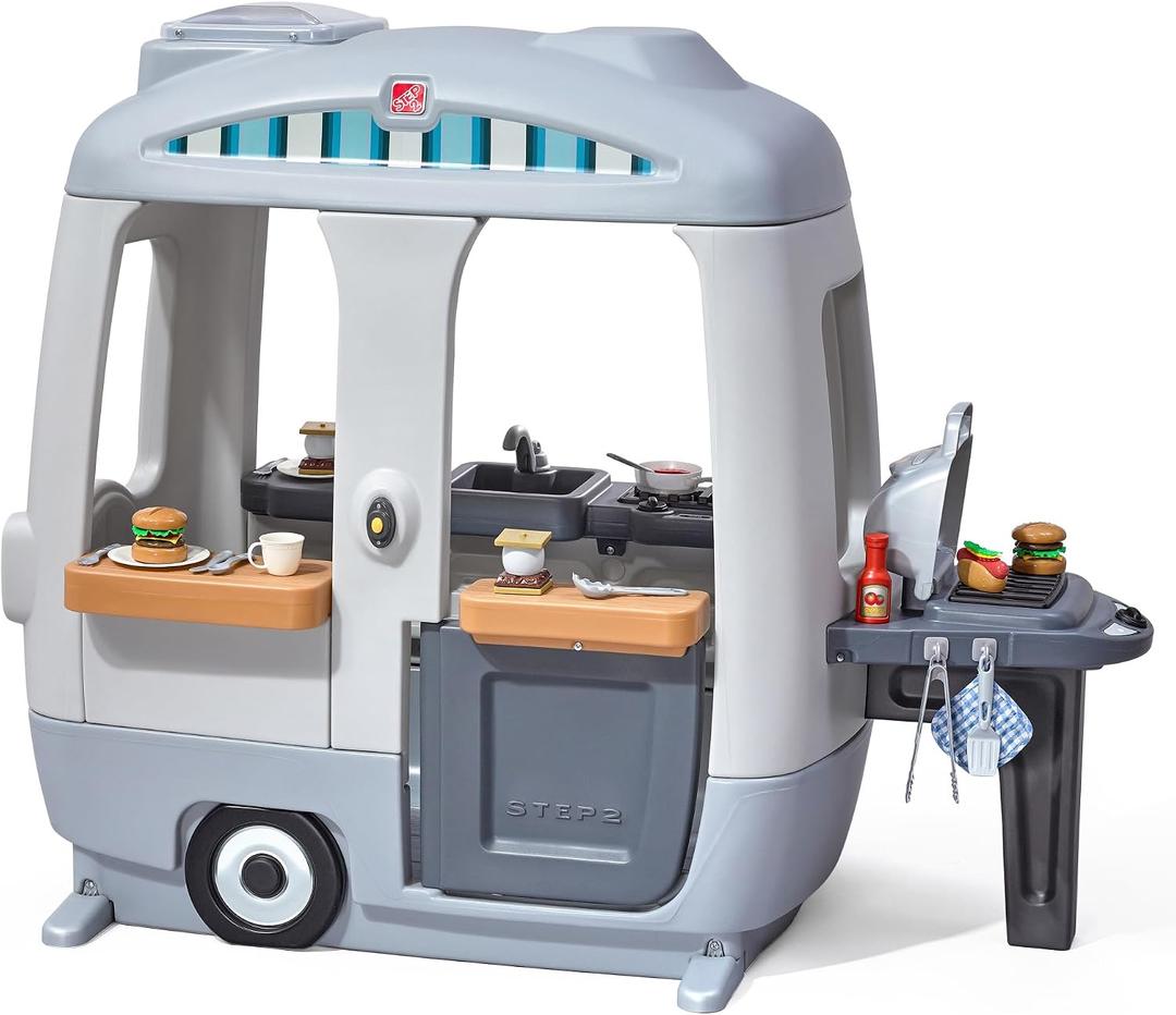 Step2 Adventure Camper Kids Playhouse, Indoor/Outdoor Playset with Kitchenette, Interactive Doorbell Sounds, 52-Piece Toy Accessories, Durable Plastic, For Toddlers 2+ Years, Large