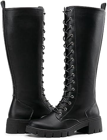 Vepose Women's 953 Lace Platform Combat Knee High Boots with Comfort Chunky Heel, 8