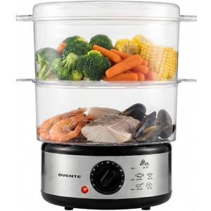 OVENTE 2-Tier Electric Food Steamer, 5 Quart Stainless Steel Stackable Steam Cooker with 400W Power, 60-Minute Timer & Auto Shut-Off, Dishwasher Safe, Healthy Vegetable & Seafood Steamer, Silver FS62S