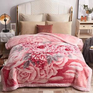 Mink Blankets, 7.7 lbs Korean Heavy Fleece Plush 78x90 inch 2 Ply Blankets with Peony Pattern Queen Size Soft Cozy Raschel Blanket for Autumn Winter (Pink)
