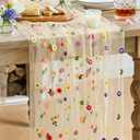 Artoid Mode Champagne Embroidery Daisy Gauze Table Runner 120 Inch 10FT, Seasonal Sheer Kitchen Dining Holiday Wedding Birthday Table Decor for Home Party (27" x 120")