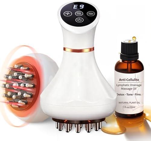 Lymphatic Drainage Massager & Anti Cellulite Massage Tool Helps Reduce Stretch Marks & Cellulite, Body Sculpting Machine For Legs, Arms & Belly with Microcurrent, Light, Heat & Vibration，With Body Oil