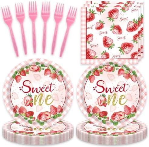 JASMPARTY 48Pcs Strawberry Birthday Party Decorations Plates Napkins Forks Berry First Birthday Decorations Set for 16 Guests