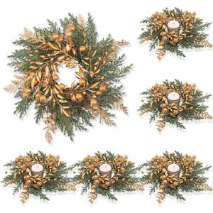 Cindeer 6 Pcs Small Christmas Candle Rings Wreaths 8.4 Inch Christmas Kitchen Cabinet Gold Wreaths Artificial Berry Garland Pillar Candle Rings for Centerpiece Table Decorations