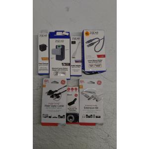 7 Lot of Various Zgear and GE Universal Wires and Charging Equipment, 6Ft Silicone Rubber Charging Cable, Apple 8PIN audio adapter To USB C, Zgear Universal Camera Battery, and Fast Charging USB Charger, GE audio extension Kit, FM transmitter and Fib