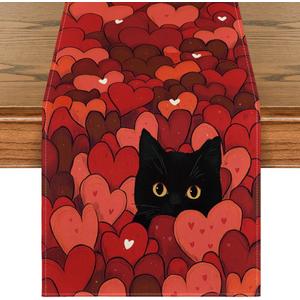 Artoid Mode Black Cats Red Hearts Valentine's Table Runner, Wedding Kitchen Dining Table Decoration for Home Party Decor 13x72 Inch