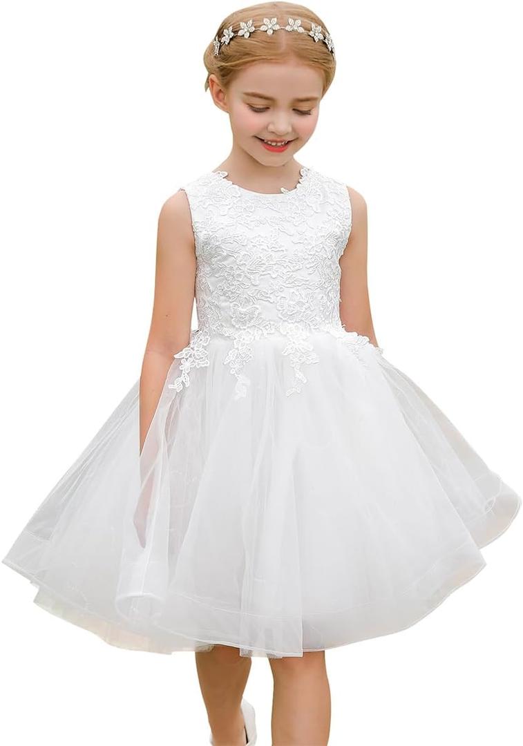 Flower Girl Dress Half Sleeves Lace Top Tulle Skirt Girls Birthday Wedding Party First Communion Dresses (White, S)