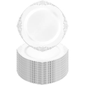 Goodluck 100PCS White and Silver Plastic Plates – 10.25” Heavy Duty Disposable Dinner Plates & Party Plates for Weddings, Parties, Events – Elegant, Sturdy